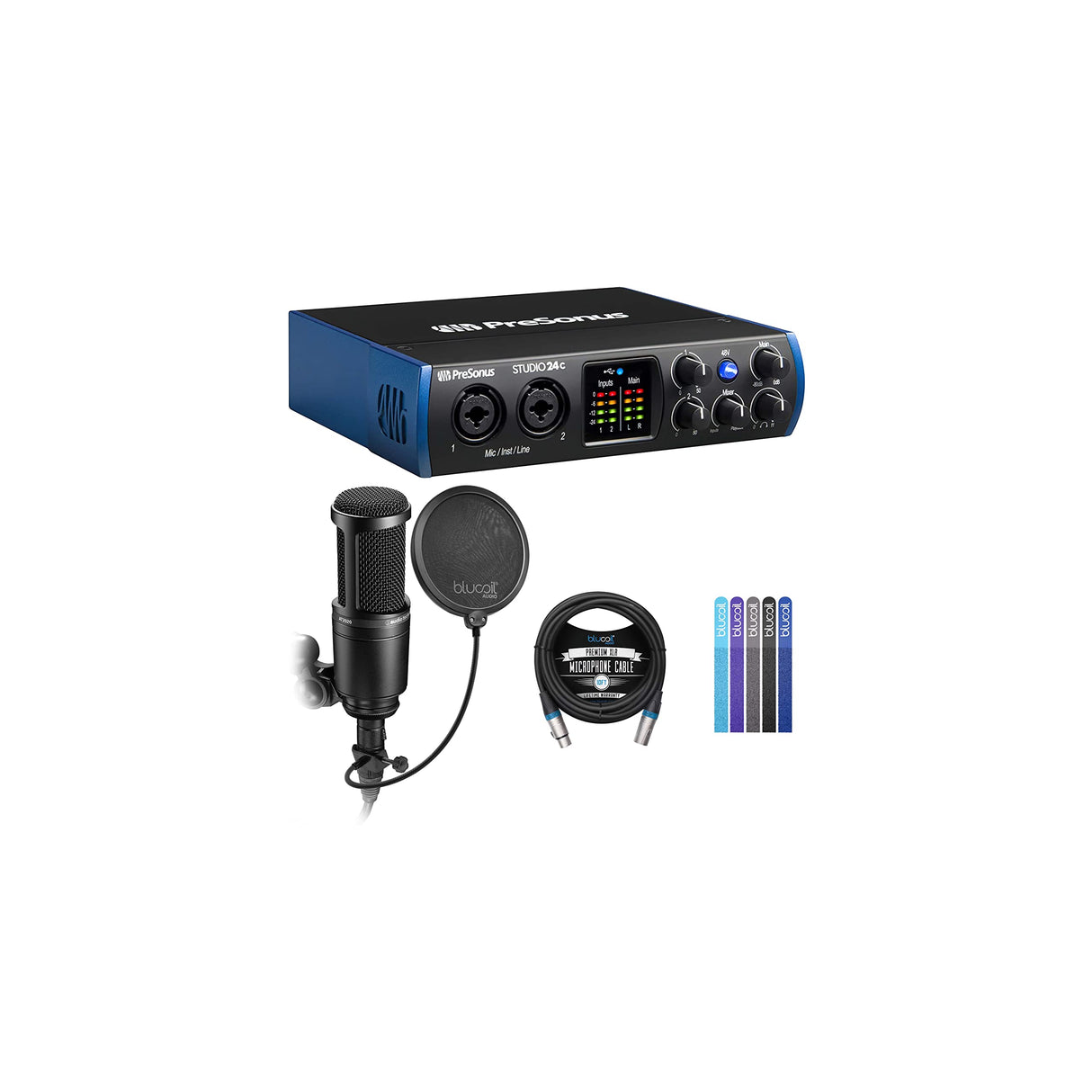 Studio 24c USB Audio Interface for Windows and Mac Bundle with Audio Technica AT2020 Condenser Microphone, Blucoil 10-FT Balanced XLR Cable, Pop Filter, and 5-Pack of Reusable Cable Ties