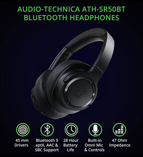 blucoil Audio Technica ATH-SR50BT Bluetooth Wireless Over-Ear Headphones, Black (ATH-SR50BTBK) Bundle 5000mAh Portable Power Bank, Aluminum Headphone Hook, and USB Car Charger