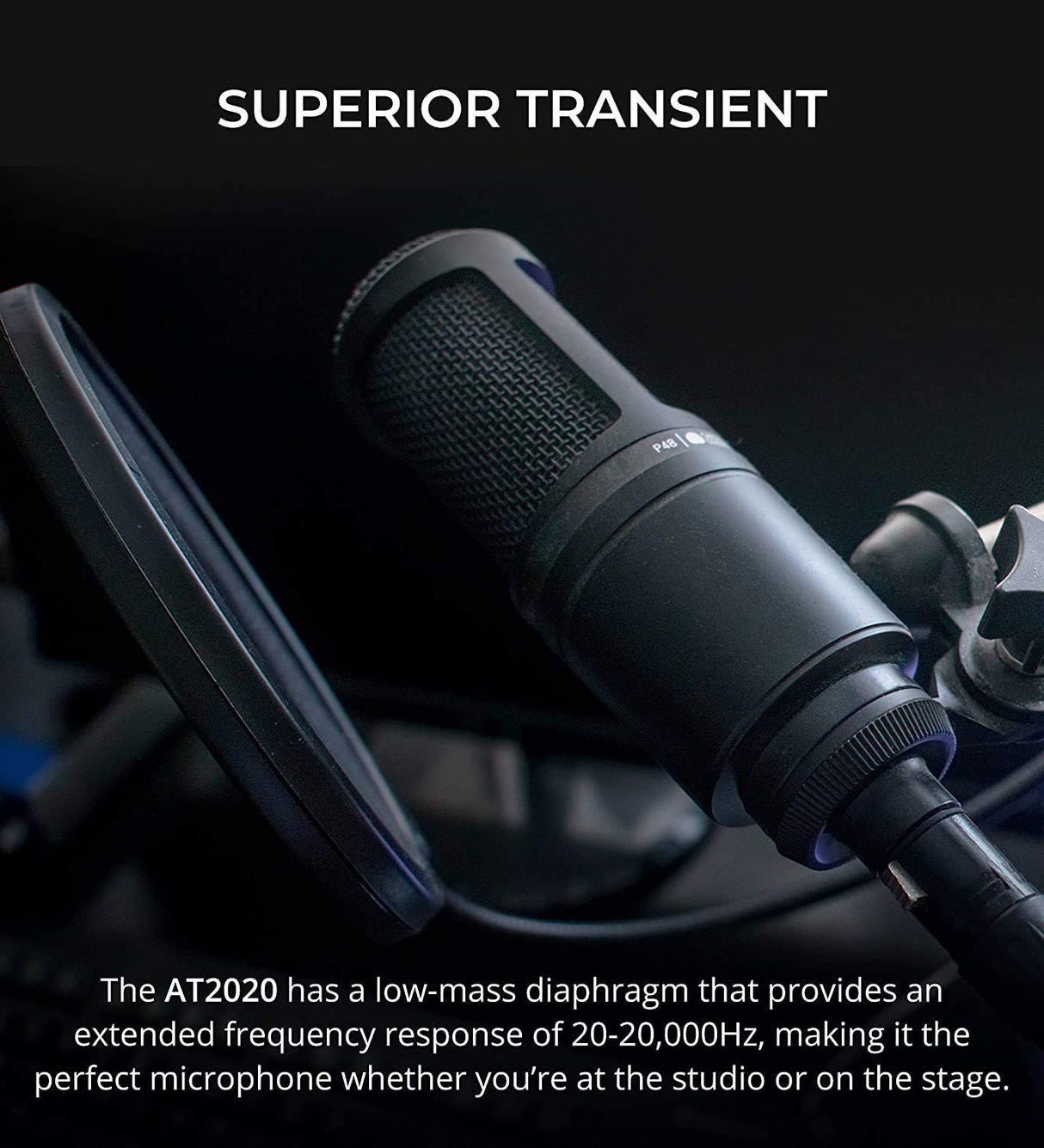 blucoil Audio Technica AT2020 Cardioid Condenser Studio XLR Microphone Bundle Portable USB Audio Interface, 10' XLR Cable, Pop Filter, Aluminum Headphone Hook, and Samson SR350 Headphones