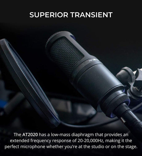 blucoil Audio Technica AT2020 Cardioid Condenser Studio XLR Microphone Bundle Portable USB Audio Interface, 10' XLR Cable, Pop Filter, Aluminum Headphone Hook, and Samson SR350 Headphones