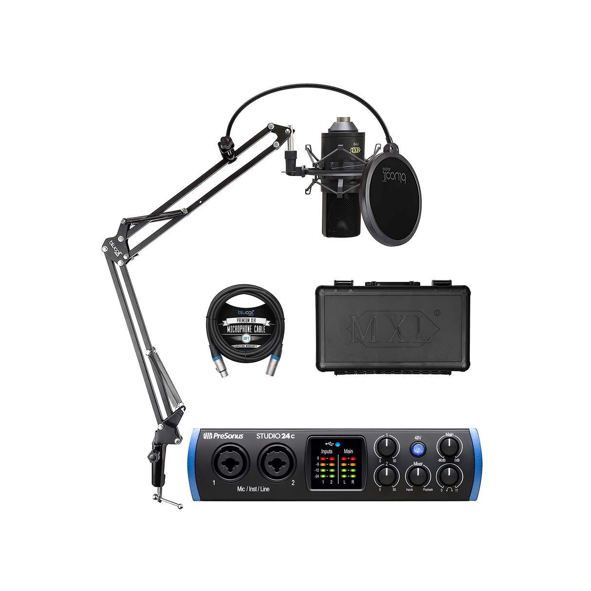 PreSonus Studio 24c 2x2 192 kHz USB Audio Interface for Windows/Mac Bundle with Studio One Artist Software Download, MXL 770 Condenser Microphone, Blucoil Boom Arm Plus Pop Filter and 10' XLR Cable