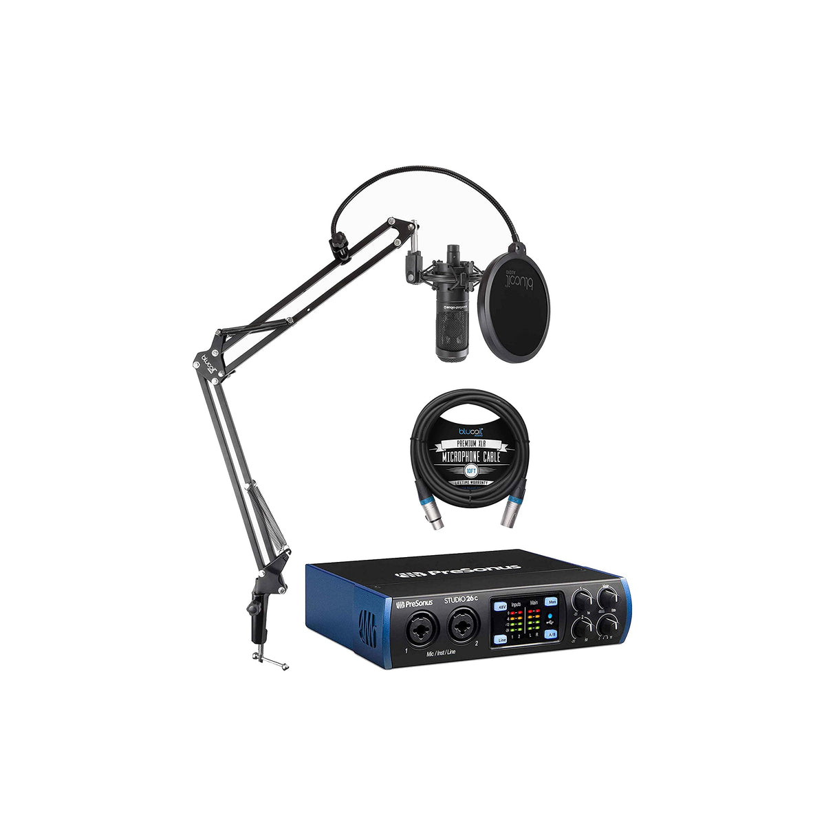 Studio 26c 2x4, 192 kHz, USB Audio Interface for Mac and Windows Bundle with Audio Technica AT2035 Condenser Microphone, Blucoil 10-FT Balanced XLR Cable, and Boom Arm Plus Pop Filter