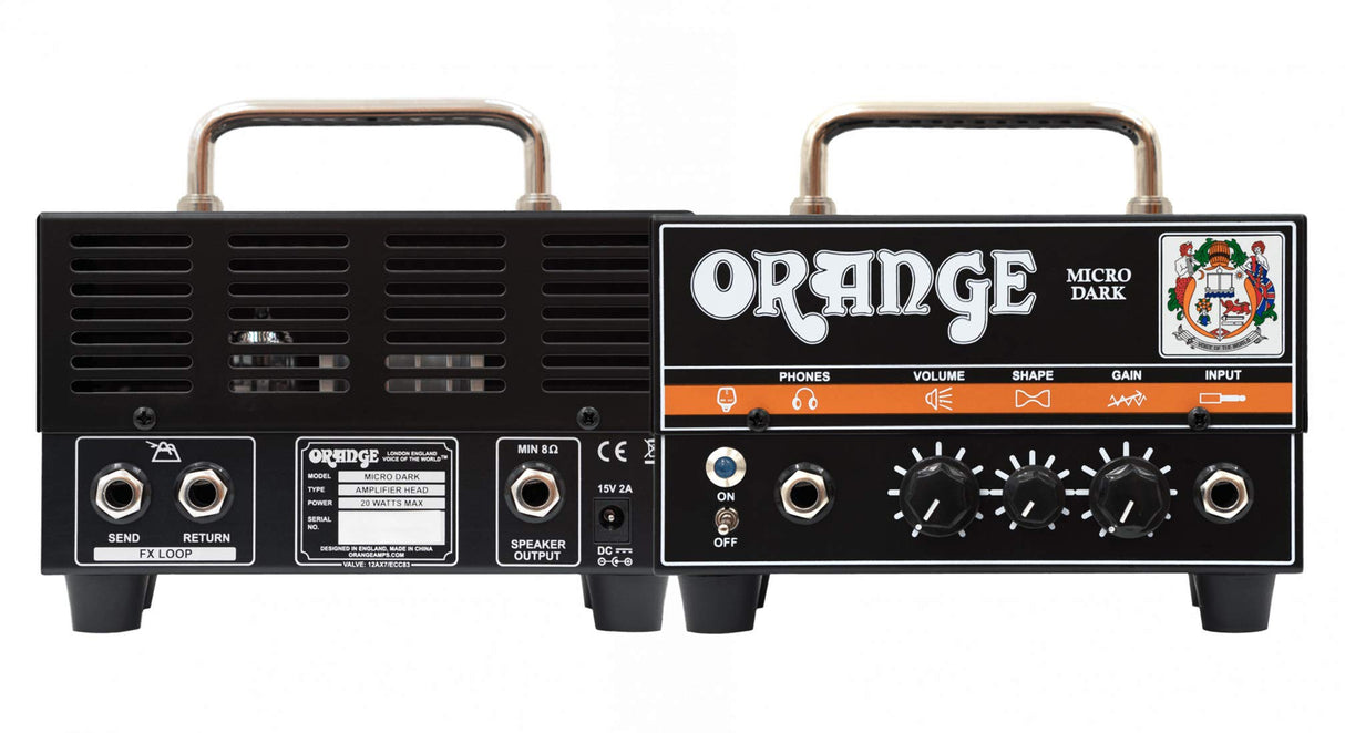 Orange Amps Micro Dark 20W Tube Hybrid Amplifier Head for Electric Guitars Bundle with Blucoil 10' Straight Instrument Cable (1/4"), 2-Pack of Pedal Patch Cables, and 4-Pack of Celluloid Guitar Picks