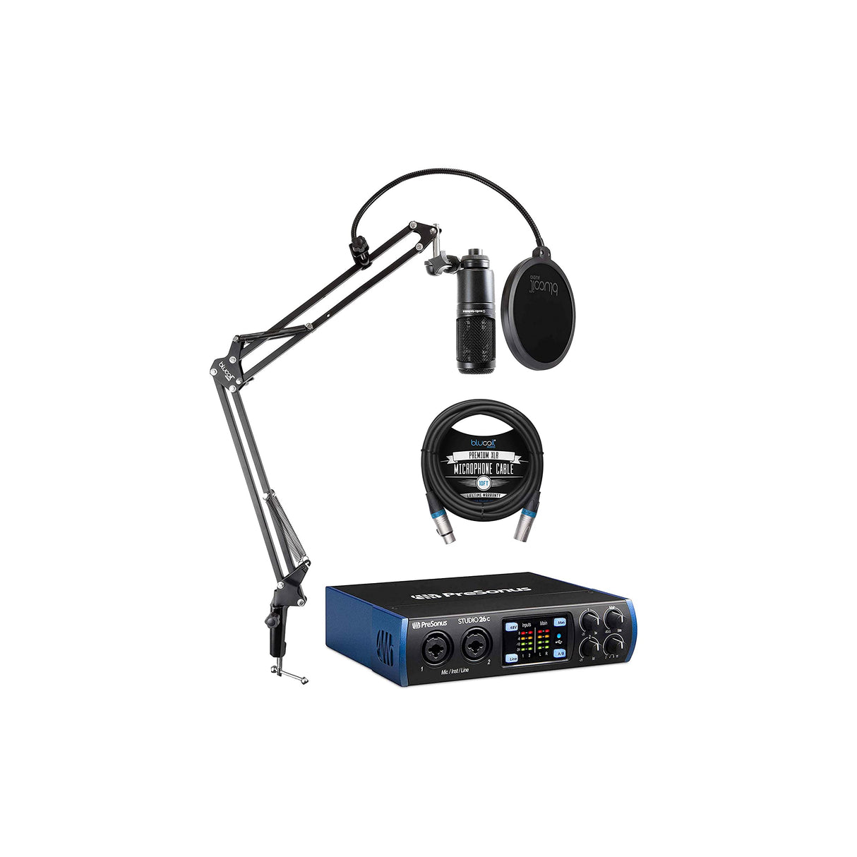 Studio 26c 2x4, 192 kHz, USB Audio Interface for Mac and Windows Bundle with Audio Technica AT2020 Condenser Microphone, Blucoil Boom Arm Plus Pop Filter, and 10-FT Balanced XLR Cable