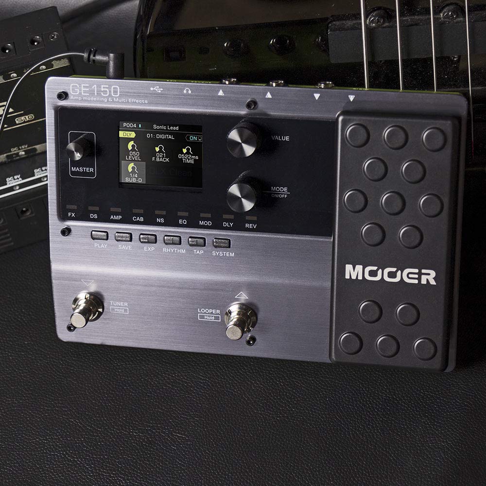 MOOER GE150 Electric Guitar Amp Modelling Multi-Effects Pedal Bundle with Blucoil 10-FT Straight Instrument Cable (1/4in), 2-Pack of Pedal Patch Cables, and 5-FT Audio Aux Cable