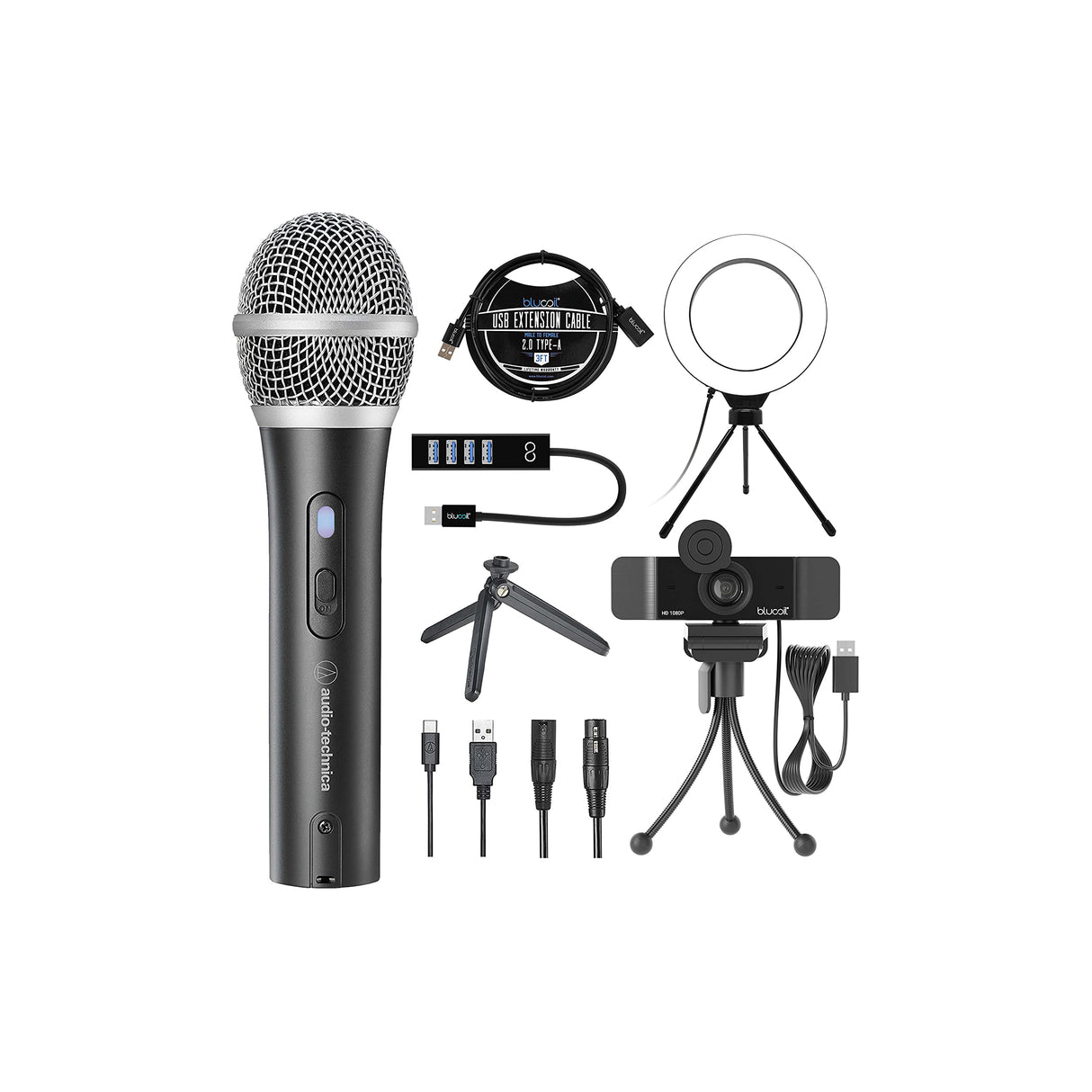 Audio-Technica ATR2100X-USB Cardioid Dynamic Microphone (ATR Series) for Windows & Mac Bundle with Blucoil 1080p USB Webcam, 6" Dimmable Selfie Ring Light, USB-A Mini Hub, and 3' USB Extension Cable