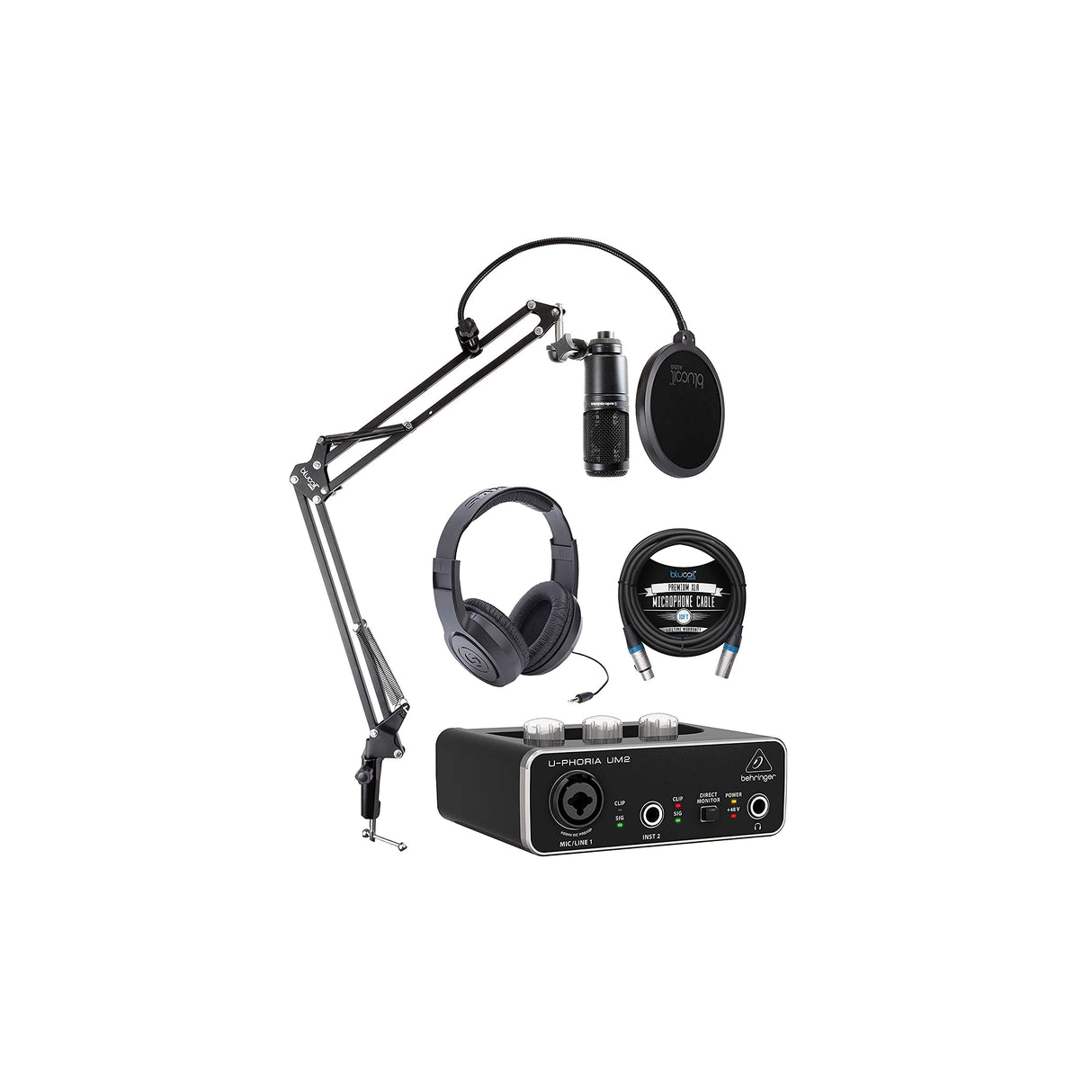 blucoil Audio Technica AT2020 Cardioid Condenser Microphone Bundle with Behringer U-PHORIA UM2 USB Audio Interface, Samson SR350 Over-Ear Stereo Headphones, Boom Arm Plus Pop Filter and 10' XLR Cable