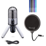 blucoil Samson Meteor Mic USB Cardioid Microphone with Mute Switch for Studio Recording (Chrome) Bundle Pop Filter Windscreen, and 5-Pack of Reusable Cable Ties