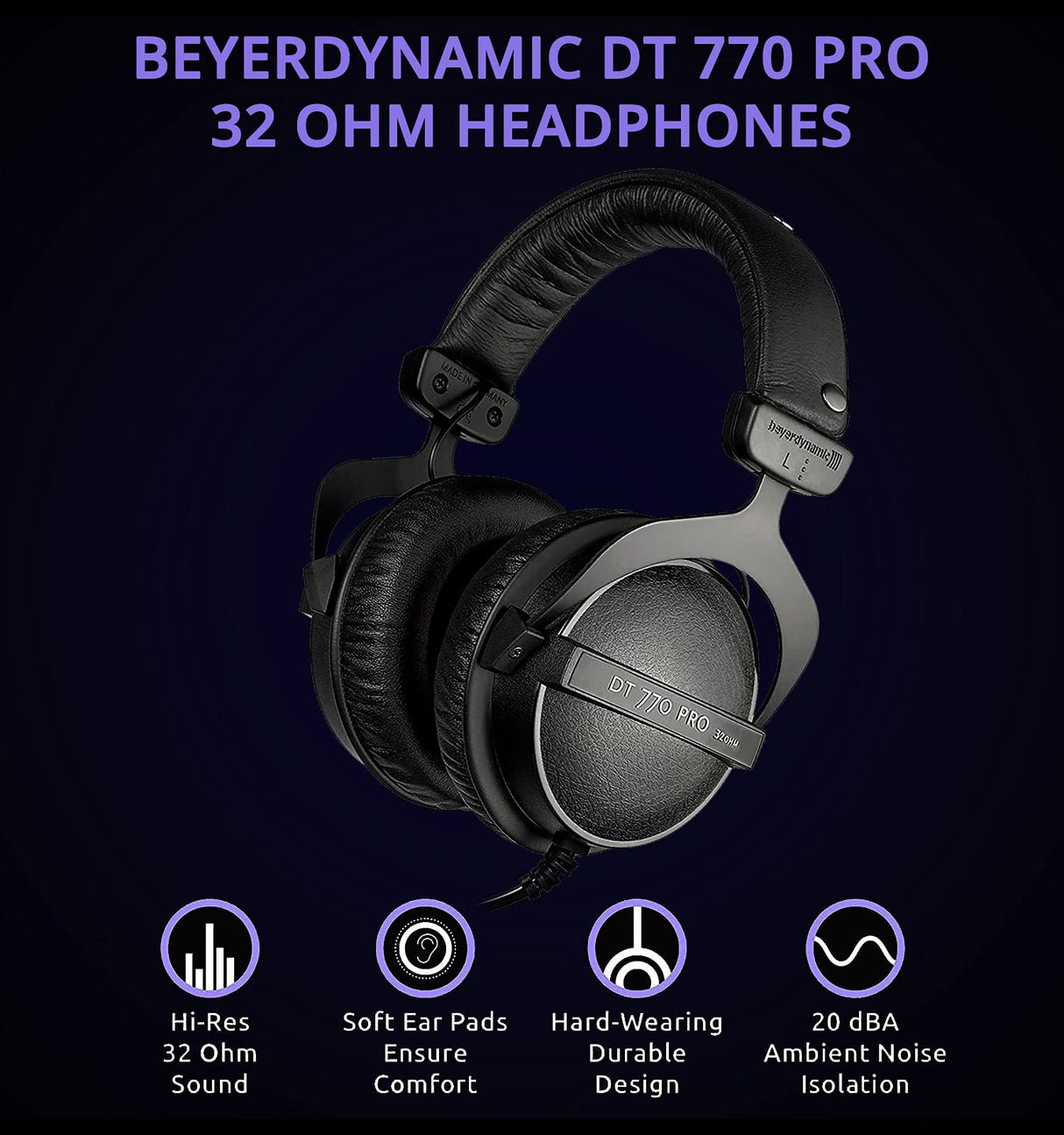 blucoil Beyerdynamic DT 770 PRO 32 Ohm Over-Ear Studio Headphones Bundle USB Gaming Controller for Windows/Mac/PS4, Y Splitter Cable, 6' 3.5mm Extension Cable, Headphone Hook, and 5X Cable Ties