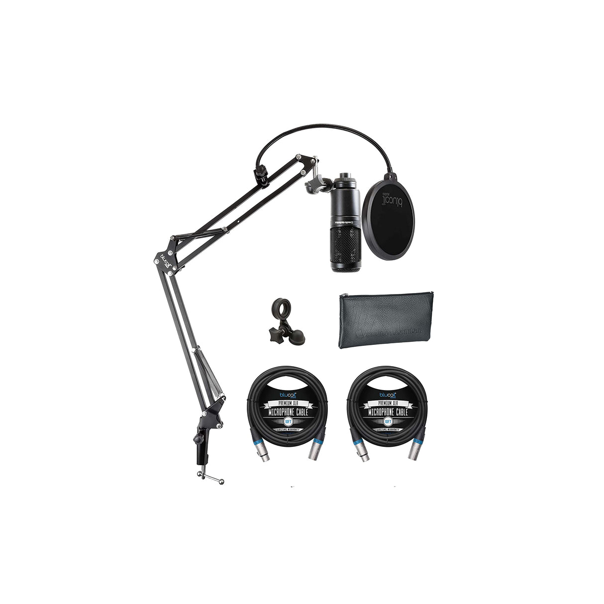 blucoil Audio Technica AT2020 Cardioid Condenser Microphone for Project & Home Studio Applications Bundle Boom Arm Plus Pop Filter, and 2-Pack of 10-FT Balanced XLR Cables