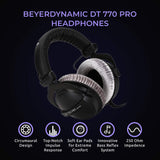 blucoil Beyerdynamic DT 770 PRO 250 Ohm Over-Ear Studio Headphones Bundle USB Gaming Controller for Windows/Mac/PS4, Y Splitter Cable, 6' 3.5mm Extension Cable, Headphone Hook, and 5X Cable Ties