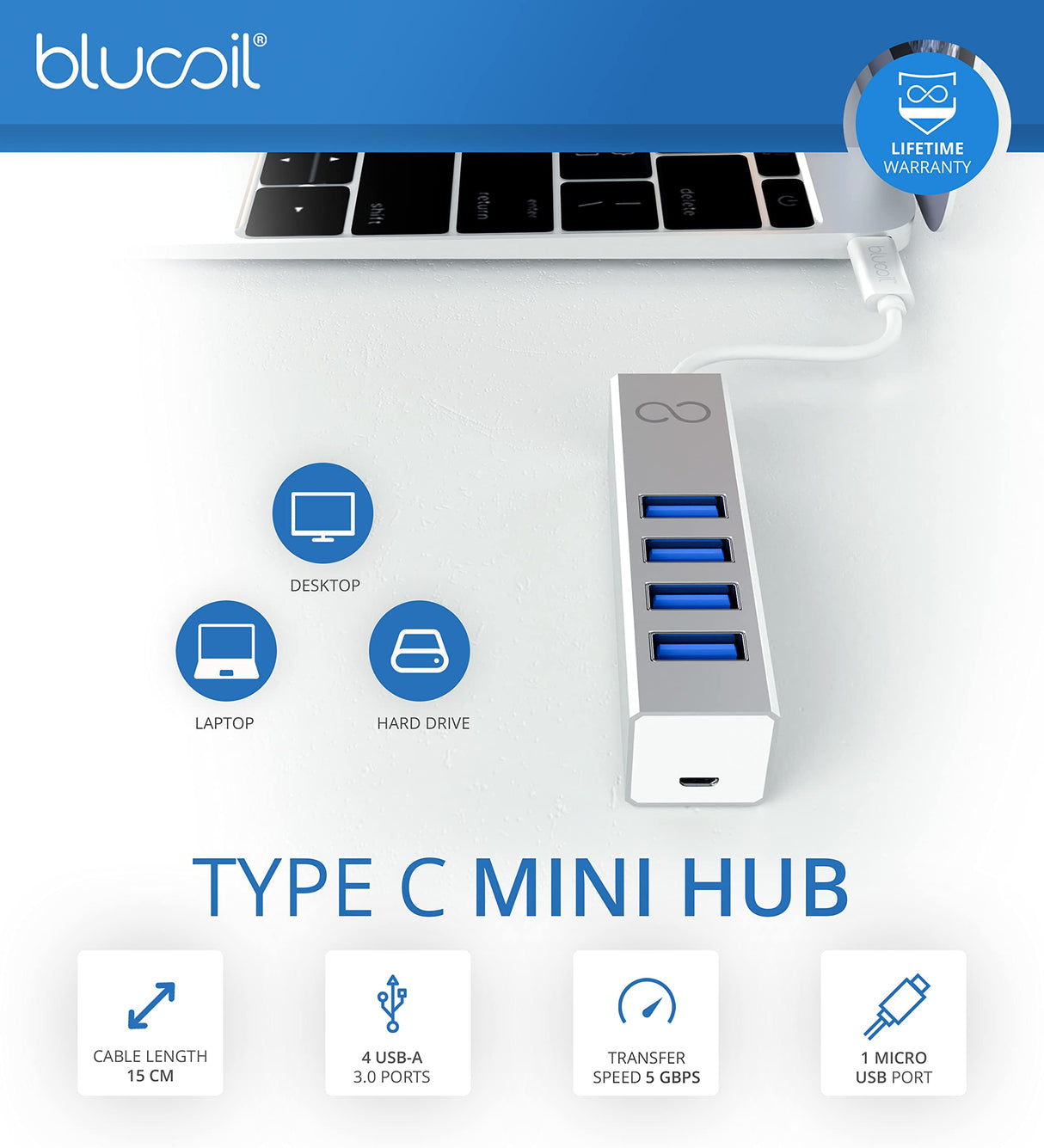 Blucoil USB-C Mini Hub with 1 x Micro-USB and 4 x USB 3.0 Expansion Ports - Compatible with Apple MacBook/MacBook Pro/iMac/iMac Pro, Google Pixel Chromebook, Samsung, Windows, Linux PC, and More