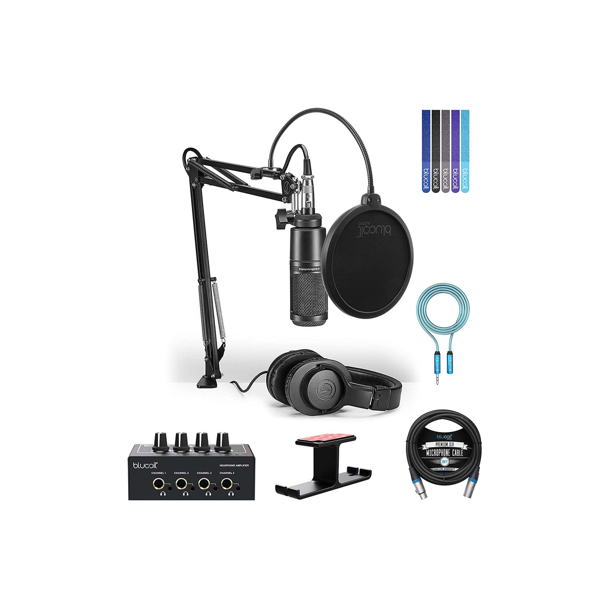 Audio Technica AT2020PK Vocal Microphone Pack for Streaming/Podcasting Bundle with Blucoil Headphone Amp, 10' XLR Cable, Pop Filter, 6' 3.5mm Extension Cable, 5x Cable Ties and Aluminum Headphone Hook