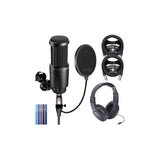 blucoil Audio Technica AT2020 Cardioid Condenser Microphone Bundle Pop Filter, 2-Pack of 10-FT Balanced XLR Cables, 5-Pack of Reusable Cable Ties, and Samson SR350 Over-Ear Stereo Headphones