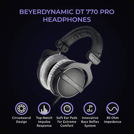 blucoil Beyerdynamic DT 770 PRO 80 Ohm Over-Ear Studio Headphones Bundle USB Gaming Controller for Windows/Mac/PS4, Y Splitter Cable, 6' 3.5mm Extension Cable, Headphone Hook, and 5X Cable Ties