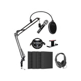 Audio-Technica ATR2100x-USB Cardioid Dynamic Microphone Bundle with Blucoil 4X 12 Acoustic Wedges, 3' USB Extension Cable, Boom Arm Plus Pop Filter, Headphone Hook, and Samson SR350 Headphones