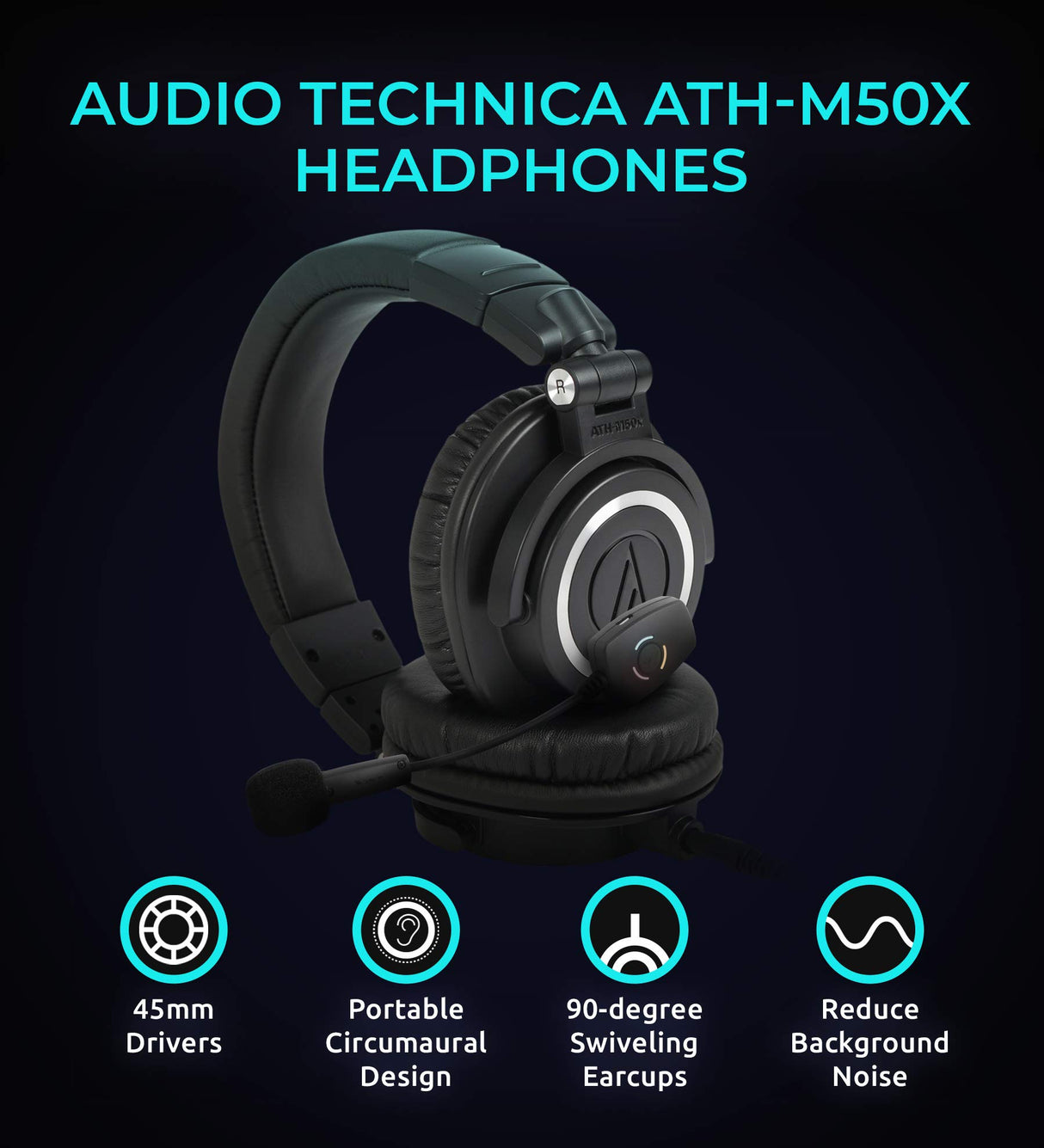 blucoil Technica ATH-M50X Professional Studio Monitor Headphones, Black, Professional Grade, Critically Acclaimed Bundle with Audio ModMic Wireless Attachable Boom Microphone for Headphones