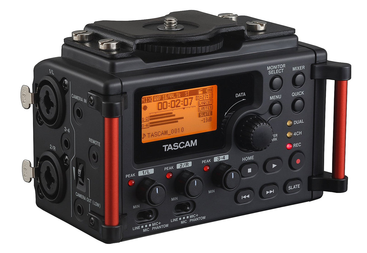 TASCAM DR-60DMKII 4-Channel Portable Audio Recorder for DSLR Cameras Bundle with 32GB SDHC Memory Card, 5V 1000mA Power Supply with Slim AC Adapter, and 5-FT Audio Aux Cable