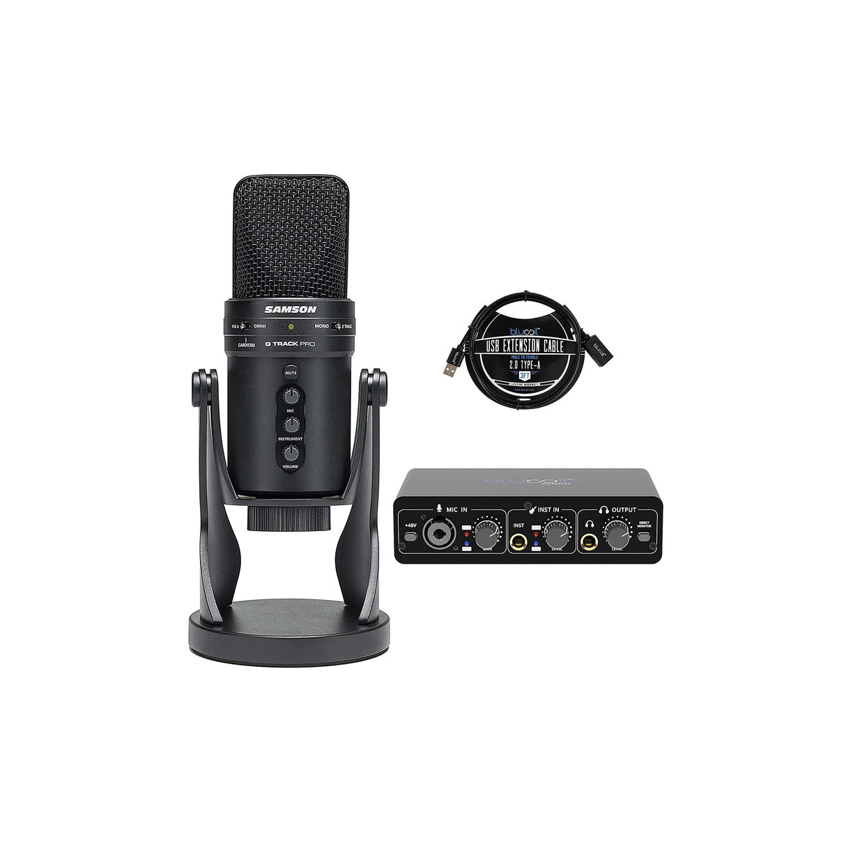 blucoil Samson G-Track Pro Professional USB Condenser Microphone with Audio Interface, Black (SAGM1UPRO) Bundle Portable USB Audio Interface for Windows and Mac, and 3' USB Extension Cable