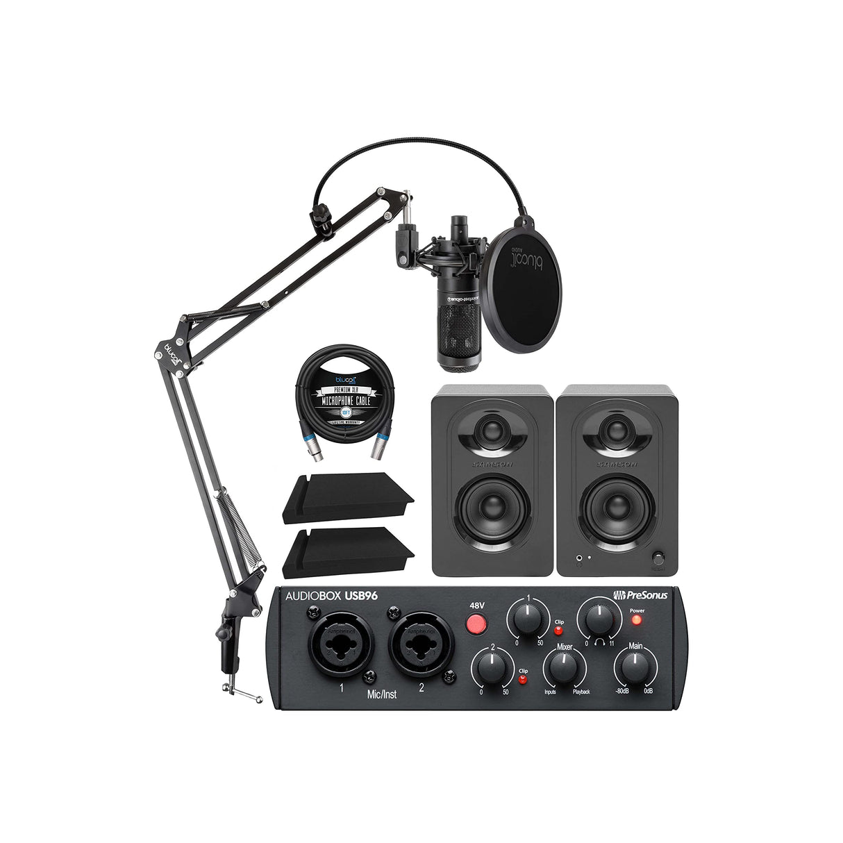 Audio-Technica AT2035 Microphone Bundle with PreSonus AudioBox USB 96 25th Anniversary Edition Audio Interface, Samson MediaOne M30 Monitors, Blucoil Boom Arm, 2X Isolation Pads, and 10' XLR Cable