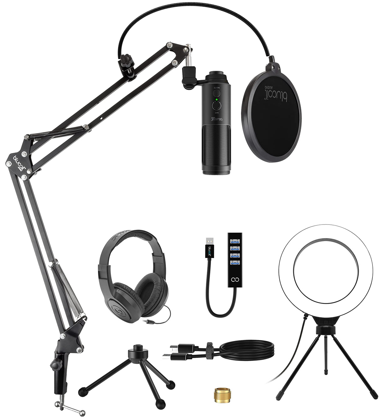 Blucoil USB Cardioid Condenser Microphone with 3.5mm Headphone Jack & Mute Button Bundle with 1080p USB Webcam, Boom Arm Plus Pop Filter, 6" Ring Light, USB-A Mini Hub, and Samson SR350 Headphones