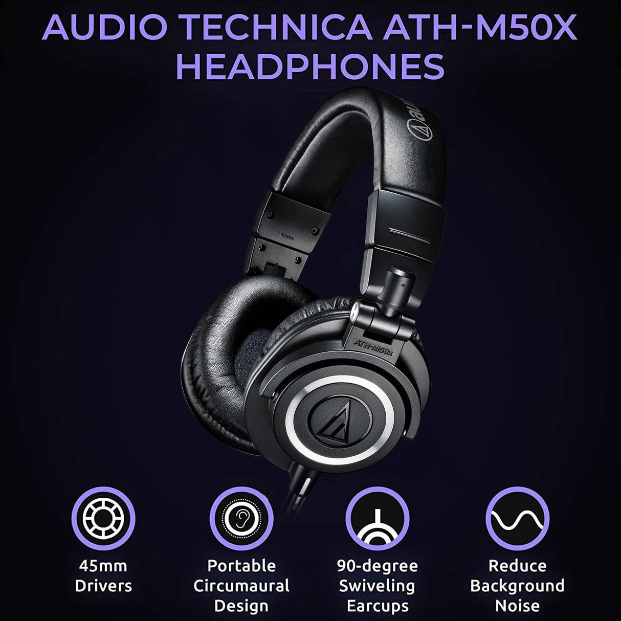 blucoil Audio Technica ATH-M50X Professional Studio Monitor Headphones, Black, Professional Grade Bundle 6' 3.5mm Audio Extension Cable, and Slappa Full-Sized HardBody PRO Headphone Case