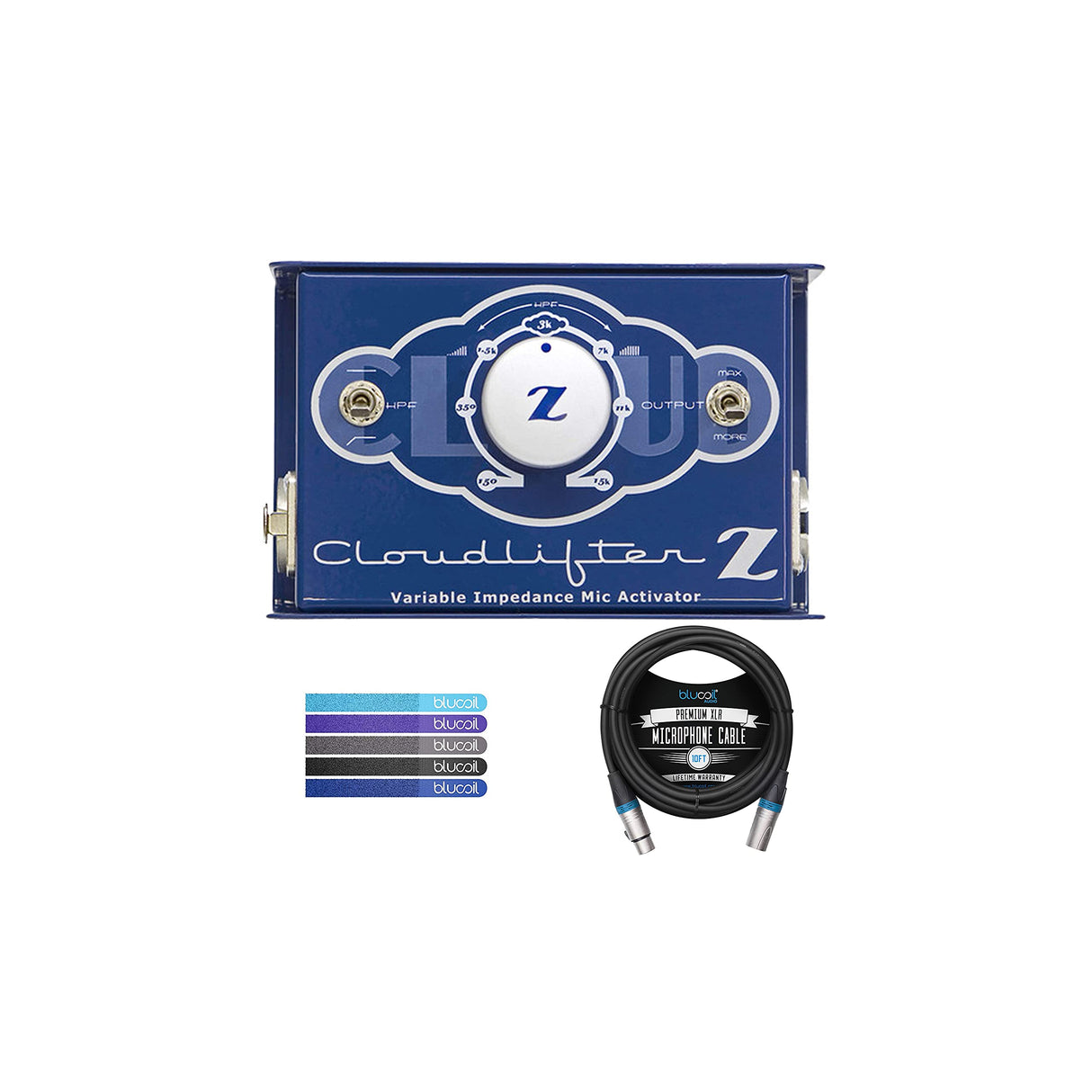 blucoil Cloud Microphones Cloud Lifter CL-Z Mic Activator with Vari-Z and Vari-HPF for Dynamic and Ribbon Mics Bundle 10-FT Balanced XLR Cable and 5-Pack of Reusable Cable Ties