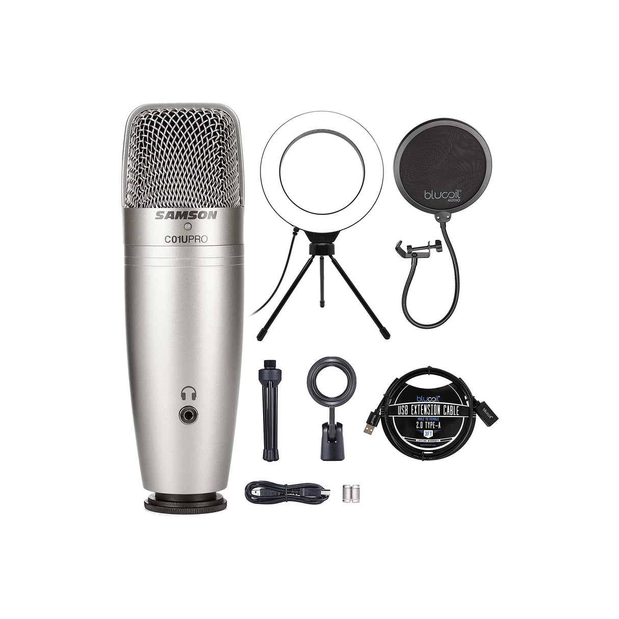 Samson C01U Pro USB Studio Condenser Microphone with 3.5mm Zero Latency Monitoring Jack for iPad, Mac, Windows Bundle with Blucoil Pop Filter, 3' USB Extension Cable, and 6" Dimmable Selfie Ring Light