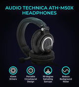 blucoil Audio Technica ATH-M50x Professional Studio Monitor Headphones Bundle with Audio ModMic Wireless, 6' 3.5mm Extension Cable, Headphone Amp, Headphone Hook, and Slappa Headphone Case