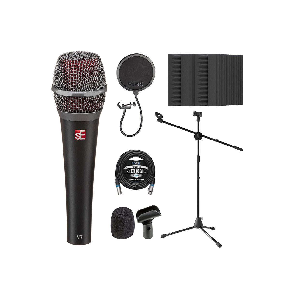 SE Electronics V7 Supercardioid Dynamic Microphone for Vocals, Broadcasting, Electric Guitars, Drums Bundle with Blucoil 20' XLR Cable, Pop Filter, Adjustable Mic Stand, and 4X 12 Acoustic Wedges