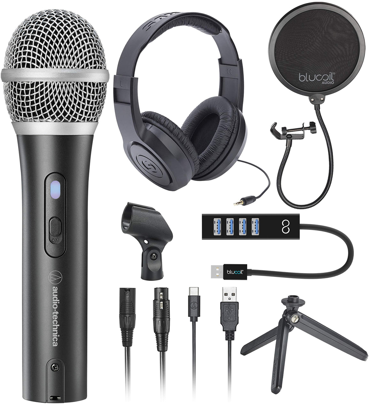 Audio-Technica ATR2100X-USB Cardioid Dynamic Microphone (ATR Series) for Podcasting, Voiceover, Studio Recording Bundle with Samson SR350 Stereo Headphones, Blucoil Pop Filter, and USB-A Mini Hub