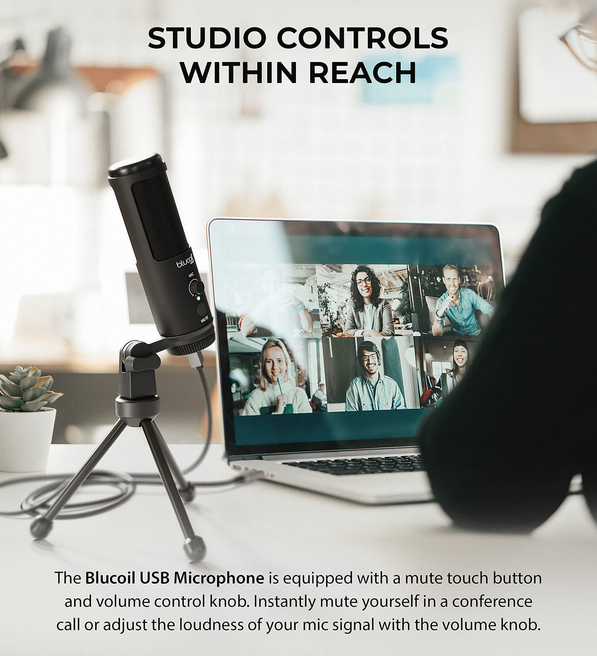 blucoil USB Cardioid Condenser Microphone with 3.5mm Headphone Jack, Volume Control, Mute Button Bundle with 1080p USB Webcam, Boom Arm Plus Pop Filter, USB-A Mini Hub, and 3' USB Extension Cable