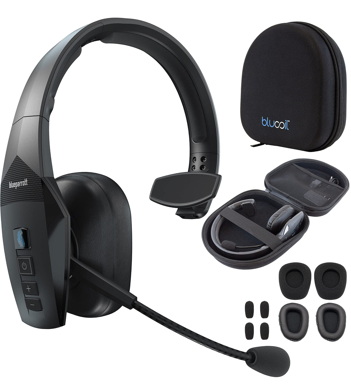 blucoil BlueParrott B450-XT Bluetooth Headset with Noise Cancelling Microphone for iOS and Android Bundle Headphone Carrying Case, and Replacement Mic Windscreens and Ear Pads