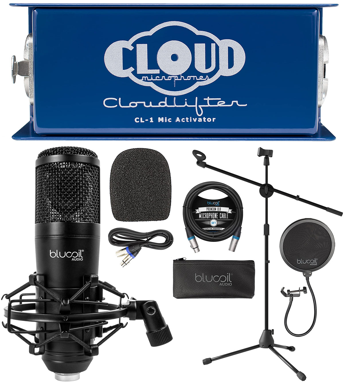 blucoil Cloud Microphones Cloud Lifter CL-1 Mic Activator Bundle Cardioid Condenser Studio XLR Microphone, 10-FT Balanced XLR Cable, Adjustable Mic Stand, and Pop Filter Windscreen