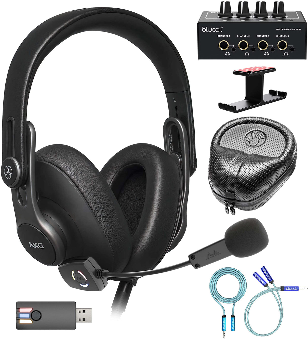 blucoil AKG Pro Audio K371 Over-Ear Closed-Back Headphones Bundle with Audio ModMic Wireless, Headphone Amp, Splitter Cable & Aluminum Hook, 6' Audio Extension Cable, and Slappa Headphone Case