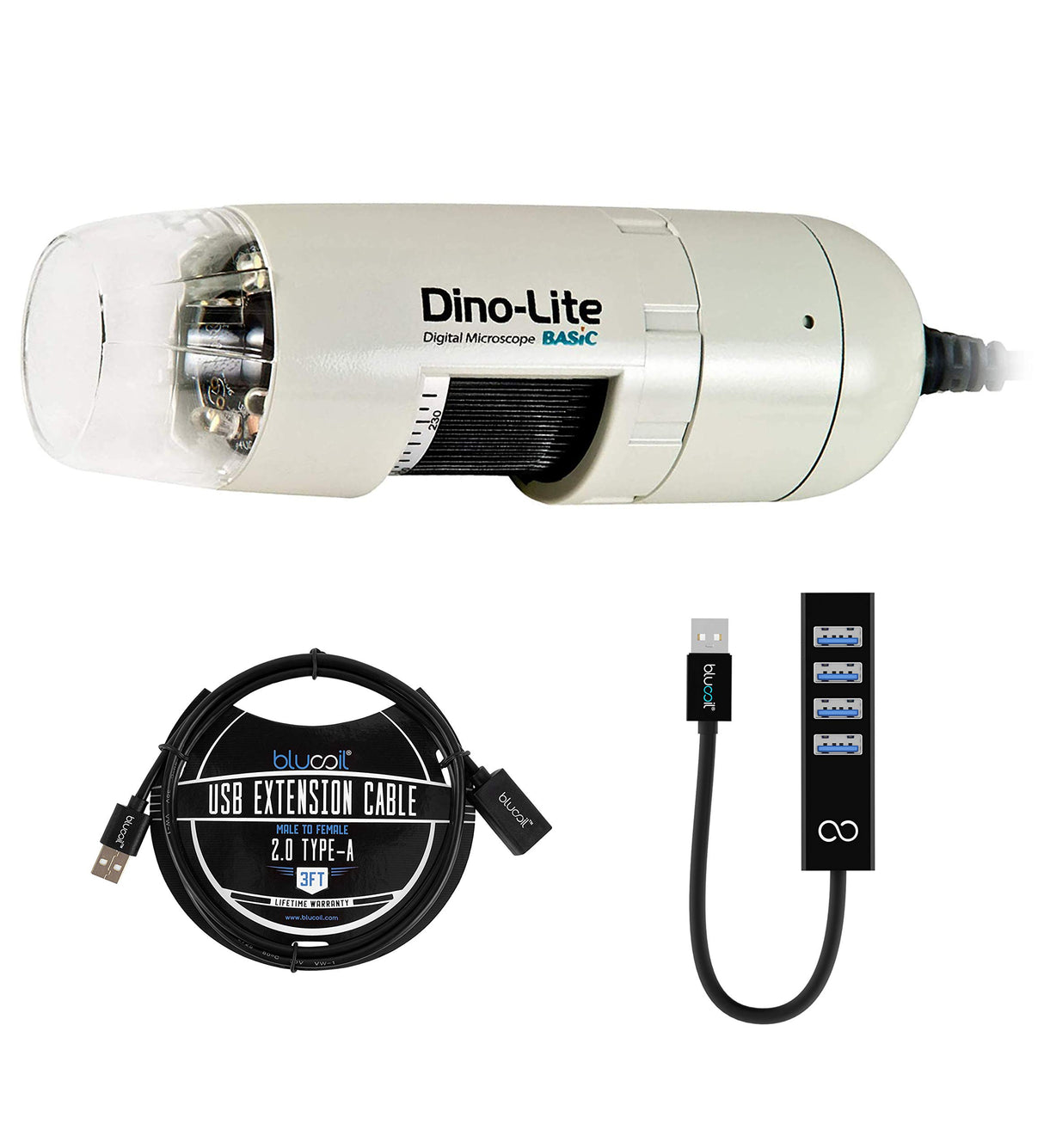 Dino-Lite USB Digital Microscope AM2111-0.3MP, 20x - 50x, 200x Optical Magnification (White) Bundle with Blucoil USB Type-A Mini Hub with 4 USB Ports, and 3-FT USB 2.0 Type-A Extension Cable