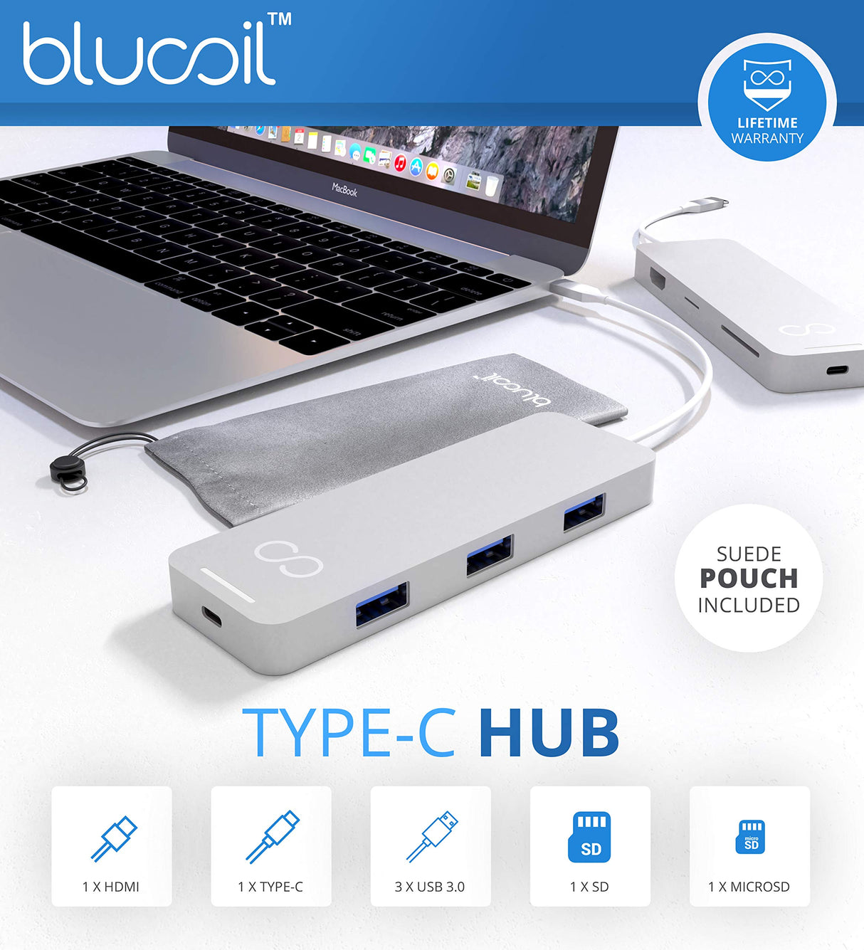 Blucoil USB Type-C Hub 7-in-1 USB C Adapter with 4K HDMI, MicroSD/SD Card Reader, 3X USB 3.0 and USB-C Pass-Through Charging Ports Compatible with MacBook, Chromebook, Mac, Windows, and More (Silver)