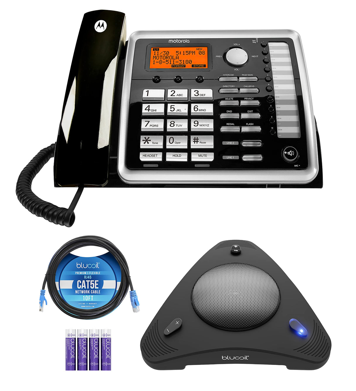 ML25260 DECT 6.0 Expandable Corded 2-line Business Phone with Caller ID, Black, Accessory Unit Bundle with Blucoil 4 AAA Batteries, 10' Cat5e Cable, and USB Conference Speakerphone