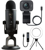 blucoil StreamCam - Live Streaming Webcam for YouTube & Twitch, Full 1080p HD 60fps, USB-C Connection Bundle w/Blue Yeti USB Mic for Recording (Blackout), 6" Ring Light, and USB-A Mini Hub