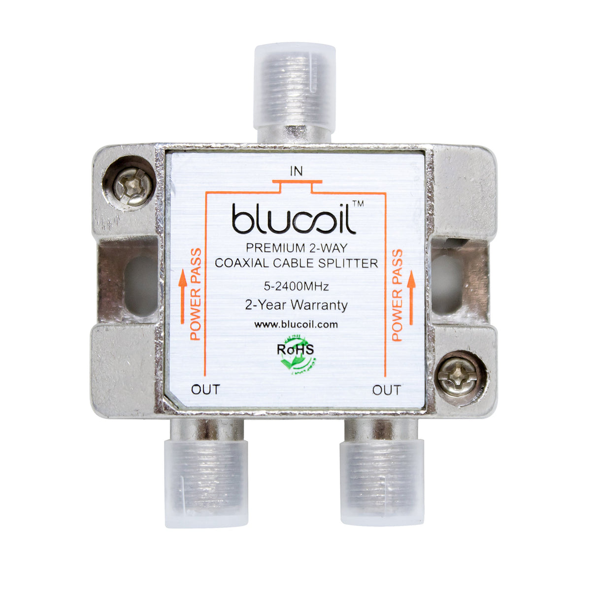 Blucoil 2 Way Coaxial Cable Splitter for CATV, Satellite TV Antenna, and Television Tuner Box - 5-2400 Mhz Frequency Range