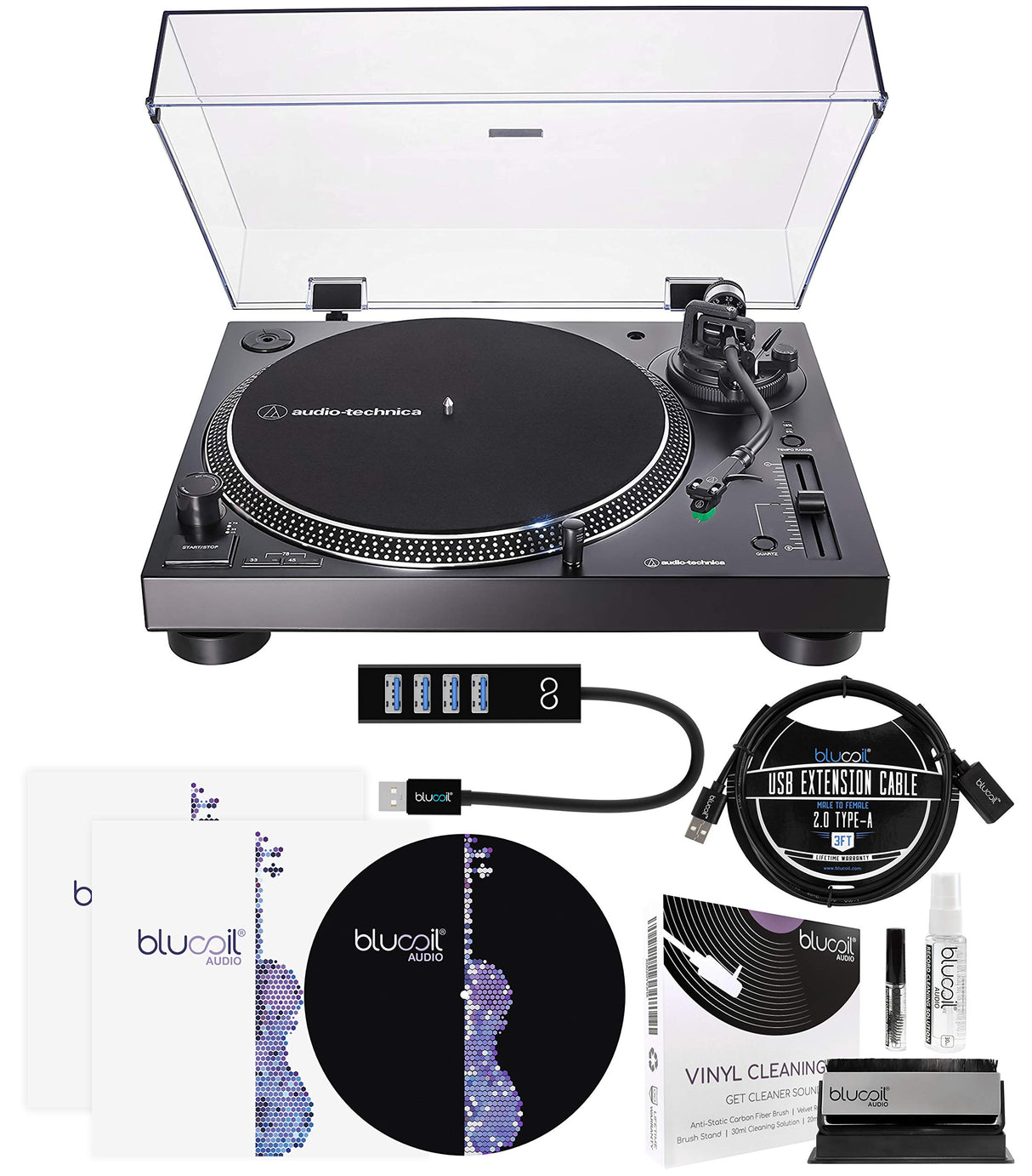 Audio Technica AT-LP120XUSB USB Direct-Drive Turntable (Black) Bundle with Blucoil 2x LP Inner Sleeves, 12" Turntable Slipmat, 2-in-1 Vinyl Cleaning Kit, 3' USB Extension Cable, and USB-A Mini Hub