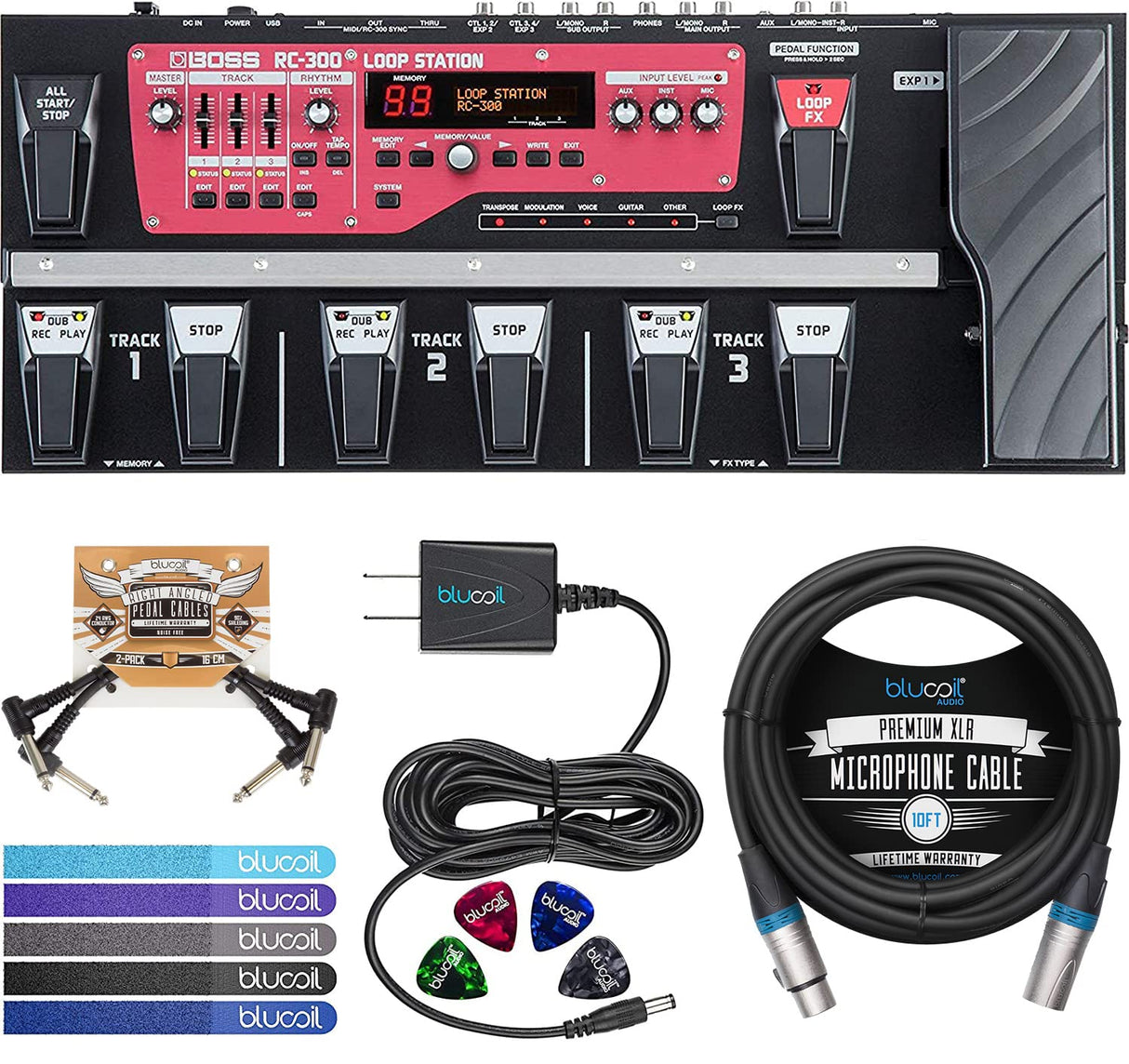 BOSS RC-300 Loop Station 3-Track Looper Pedal for Guitars, Bass, Keyboards Bundle with Blucoil 9V AC Adapter, 10-FT Balanced XLR Cable, 2x Patch Cables, 4x Guitar Picks, and 5x Cable Ties