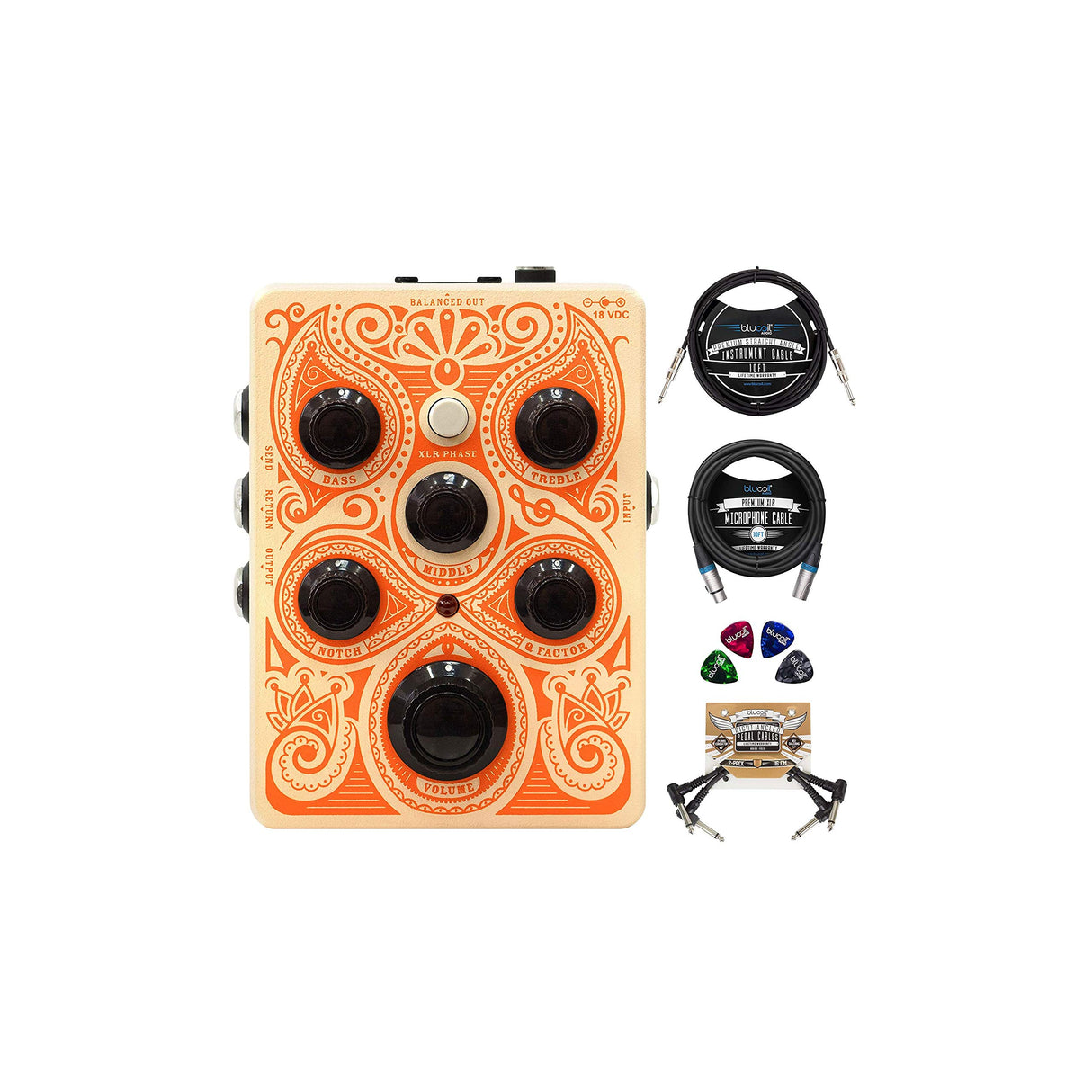 Orange Acoustic Pedal with Buffered FX Loop Bundle with Blucoil 10-FT Straight Instrument Cable (1/4in), 2-Pack of Pedal Patch Cables, 10-FT Balanced XLR Cable, and 4-Pack of Celluloid Guitar Picks