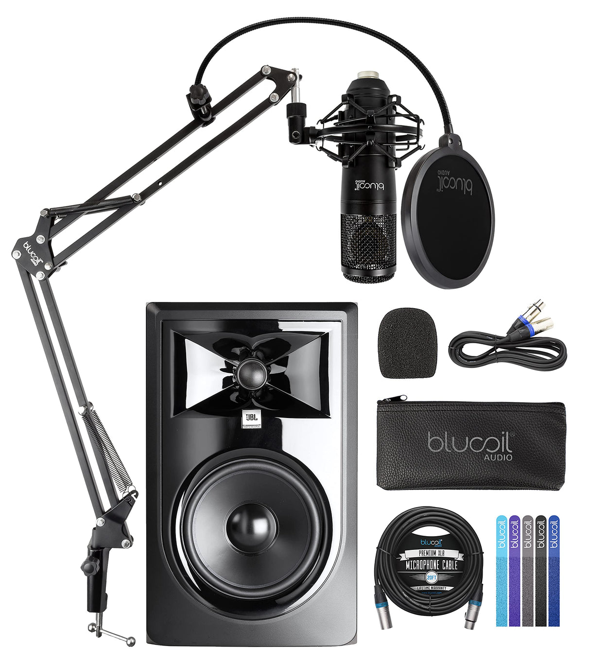 blucoil J B L Professional 306P MkII Next-Generation 6.5" Studio Monitor (Single) Bundle Cardioid Condenser Studio XLR Microphone, Boom Arm Plus Pop Filter, 20' XLR Cable, and 5X Cable Ties