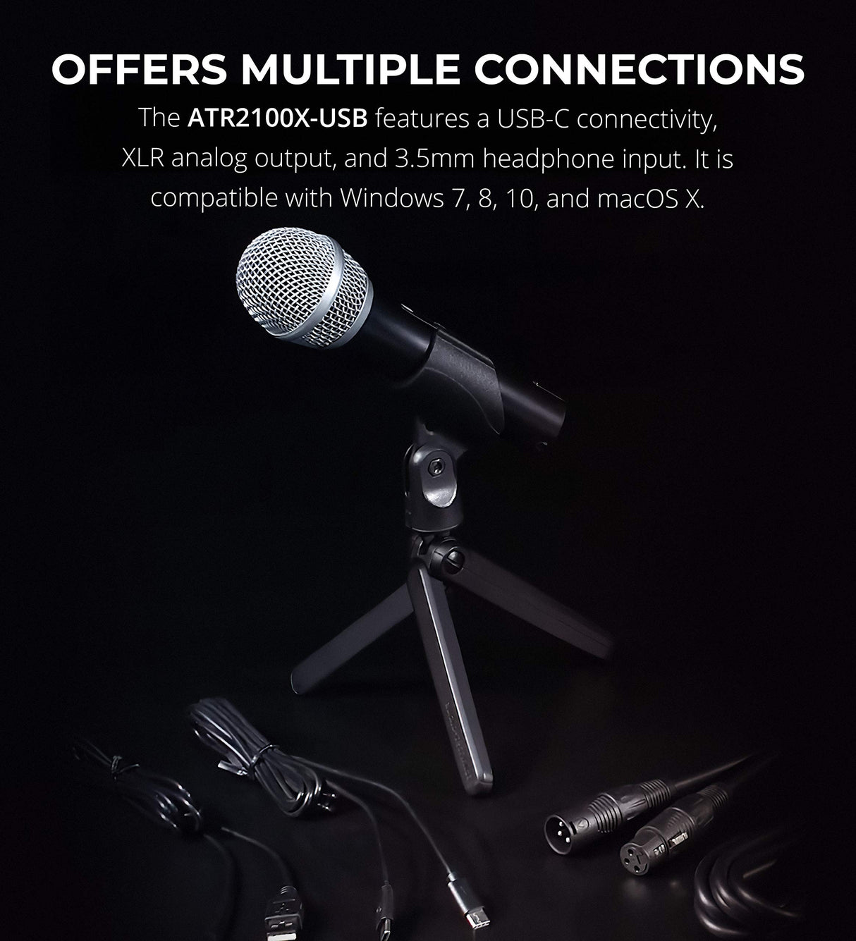 Audio-Technica ATR2100X-USB Cardioid Dynamic Microphone (ATR Series) for Windows and Mac Bundle with Blucoil Pop Filter Windscreen, 6" Dimmable Selfie Ring Light, and USB-A Mini Hub