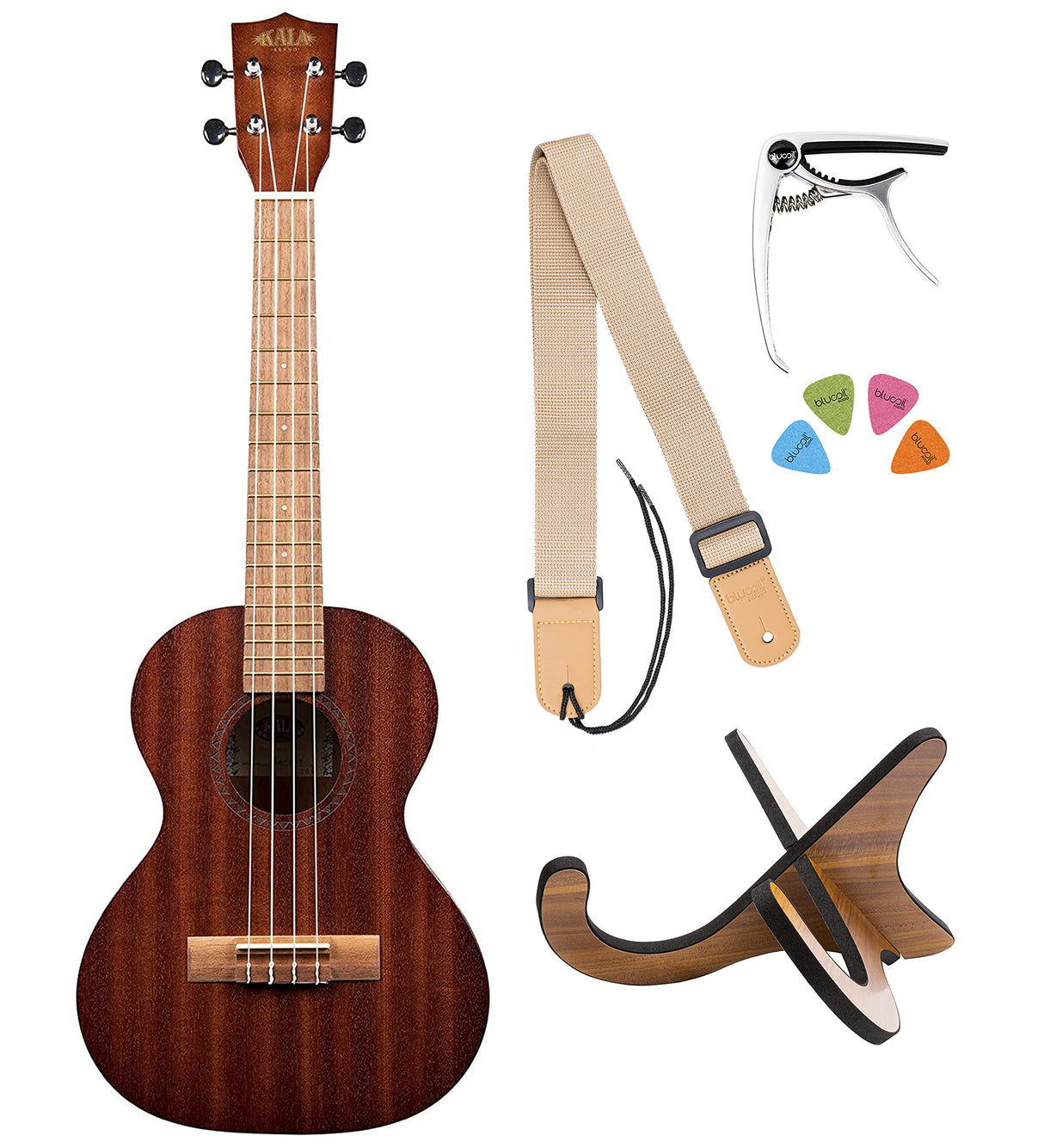 Kala KA-15T Satin Mahogany Tenor Ukulele with Rosewood Fretwood, Aquila Super Nylgut Strings, and Downloadable Kala App Bundle with Blucoil Ukulele Accessories Kit