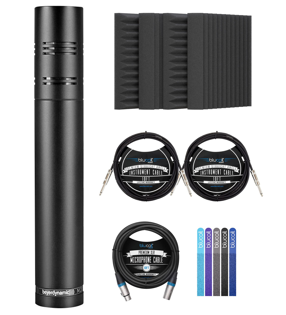 blucoil Beyerdynamics M201 TG Classic Dynamic Hypercardioid Microphone for All Instruments Bundle 10' XLR Cable, 2X 10' Straight Instrument Cables, 4X 12 Acoustic Wedges, and 5X Cable Ties