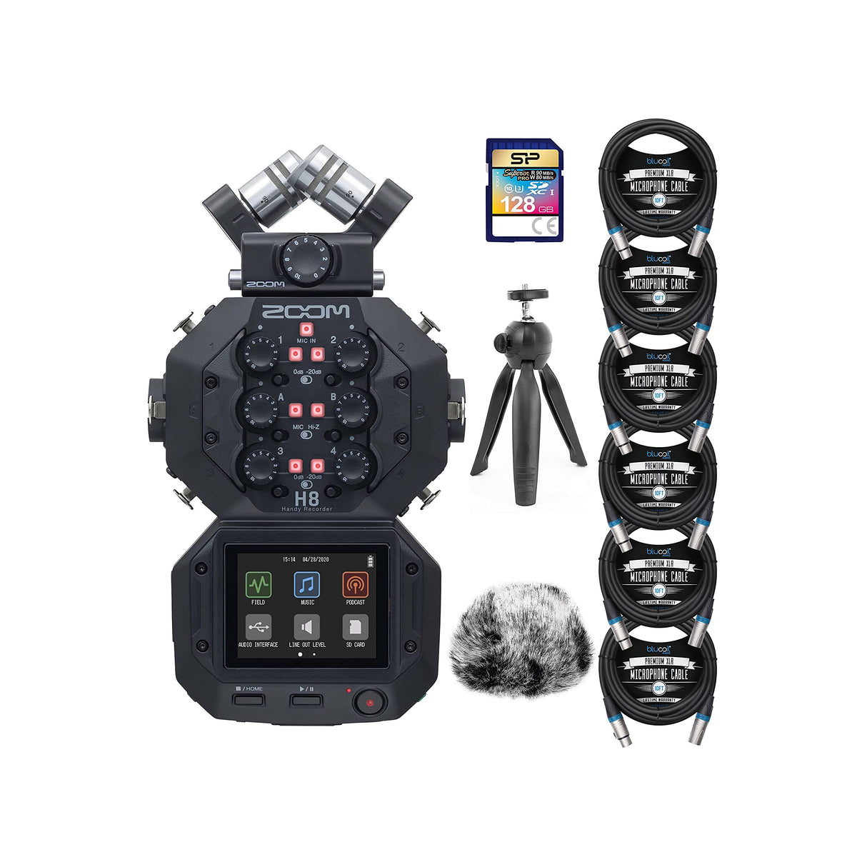 Zoom H8 8-Input / 12-Track Handy Recorder Bundle with Blucoil 6-Pack of 10-FT Balanced XLR Cables, Mic Furry Windscreen, Table Top Camera Tripod, 128GB SDXC Memory Card, and Samson SR350 Headphones