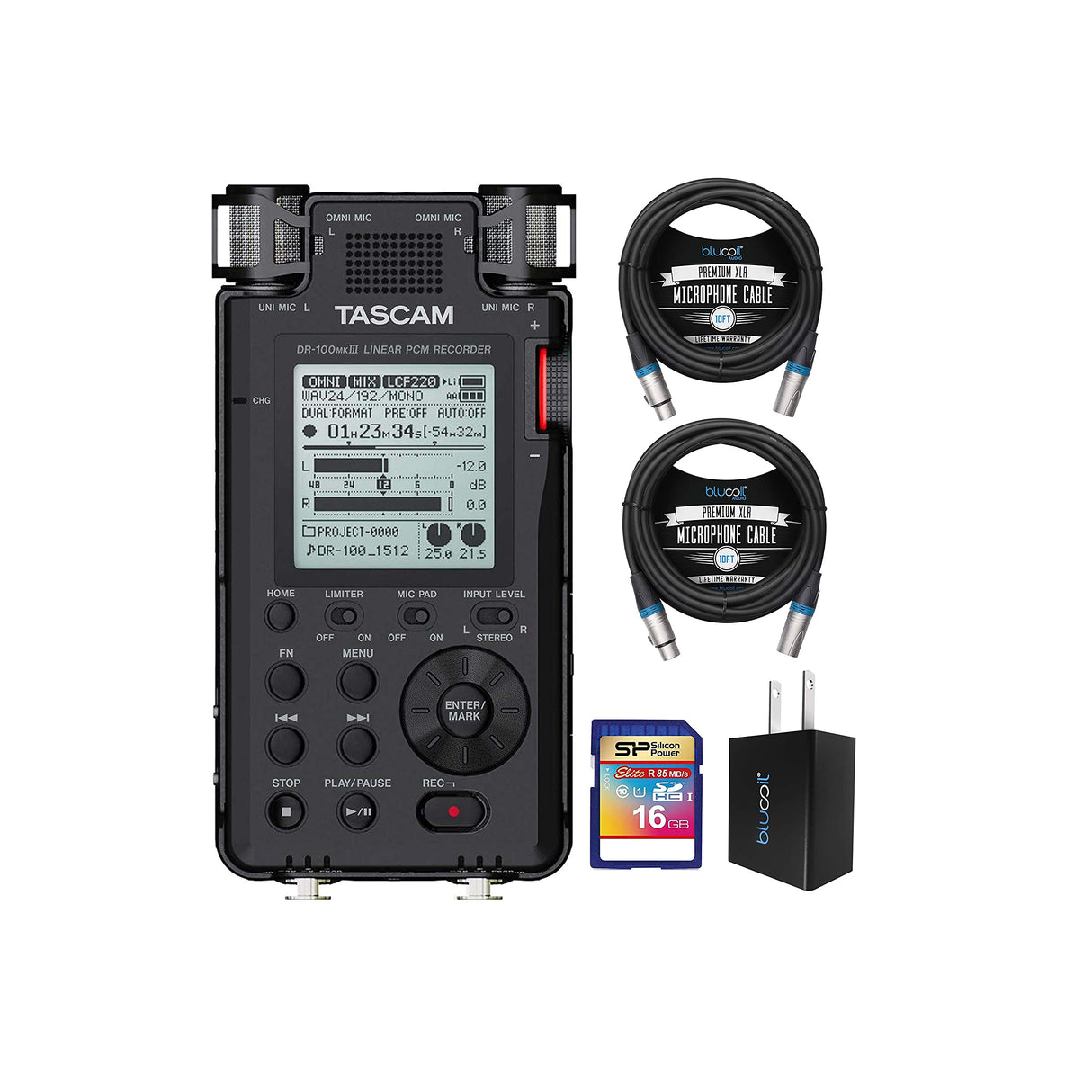 TASCAM DR-100MKIII 192kHz/24-bit Stereo Portable Audio Recorder Bundle with 16GB SDHC Memory Card, Blucoil USB Wall Adapter, and 2-Pack of 10-FT Balanced XLR Cables