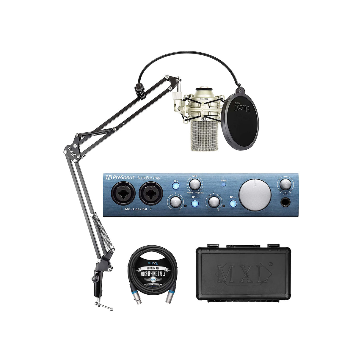 PreSonus AudioBox iTwo 2x2 USB/iOS Audio Interface for Windows, iOS Bundle with Studio One Artist, MXL 990 Cardioid Condenser Microphone, Blucoil Boom Arm Plus Pop Filter and 10-FT Balanced XLR Cable